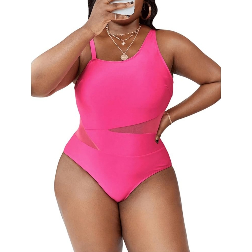 One Piece Swimsuit Contrast Mesh Asymmetrical Neck Monokini Bathing Suit (Pink)